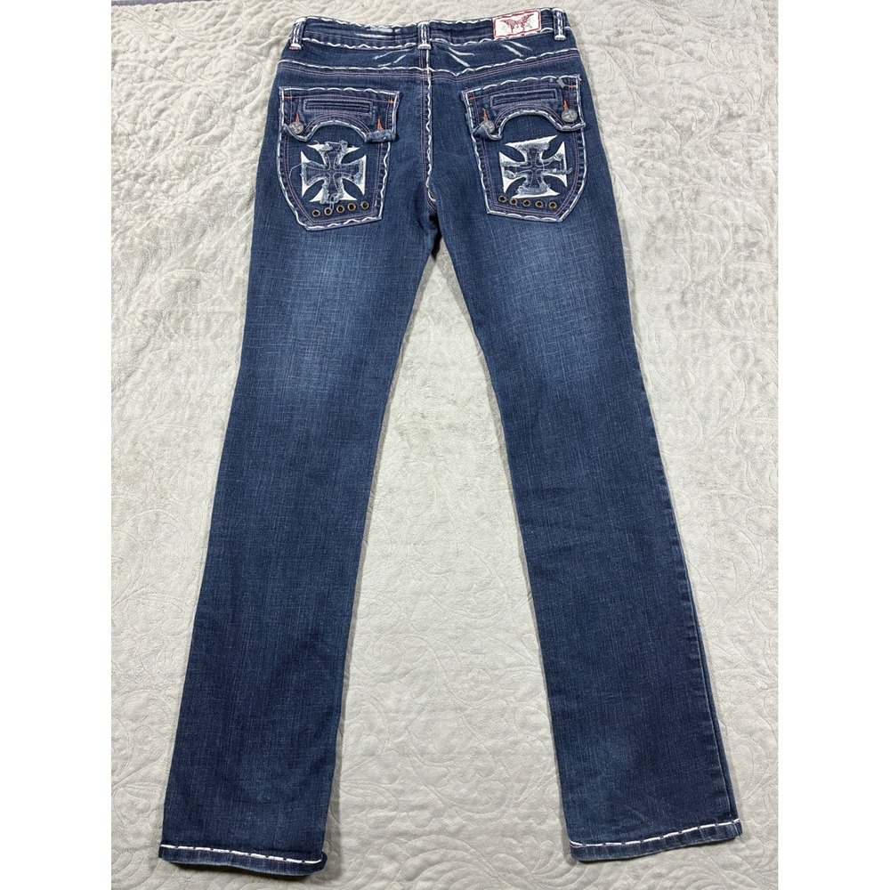 Y2K Laguna Beach Womens Jeans Size 31 Thick Stitch Fleur-De-Lis Cross McBling